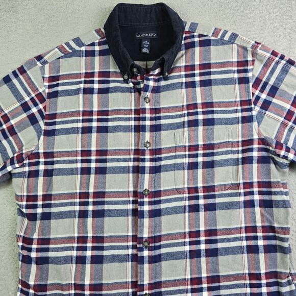 Lands' End Flannel Button Shirt Men's Medium Gray Plaid Corduroy Collar Workwear - Picture 3 of 10